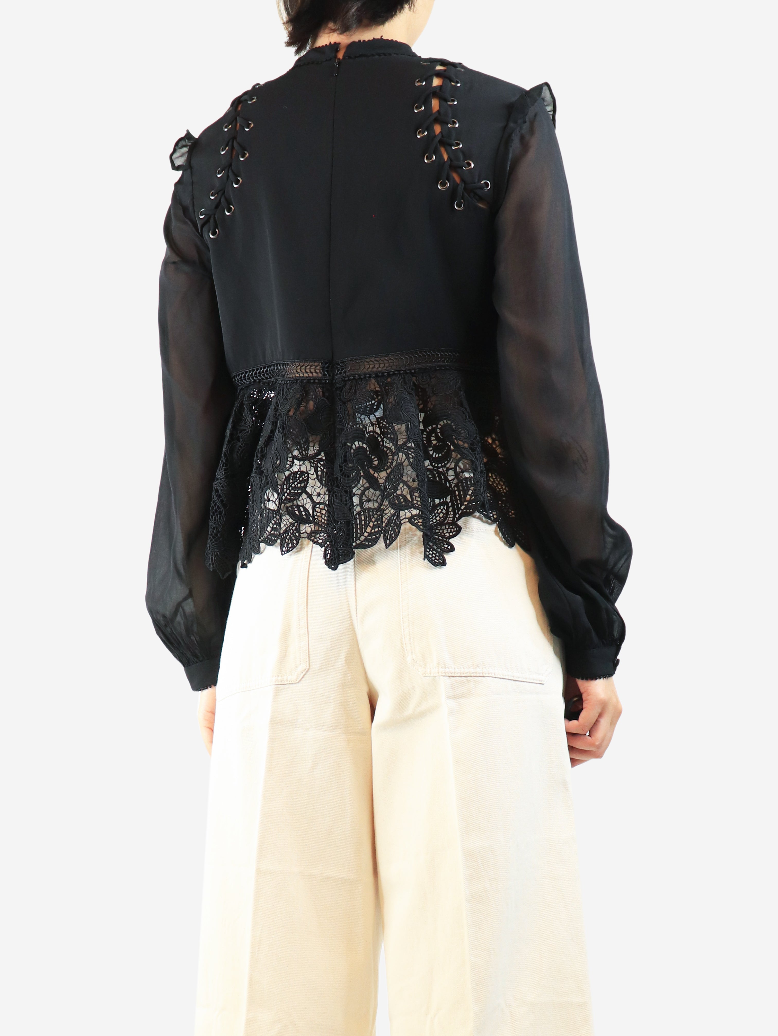 Black long sleeve broderie blouse - size UK 10