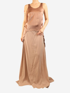 Brown silk long-back top and fringed gilet set - size S Sets Brunello Cucinelli 