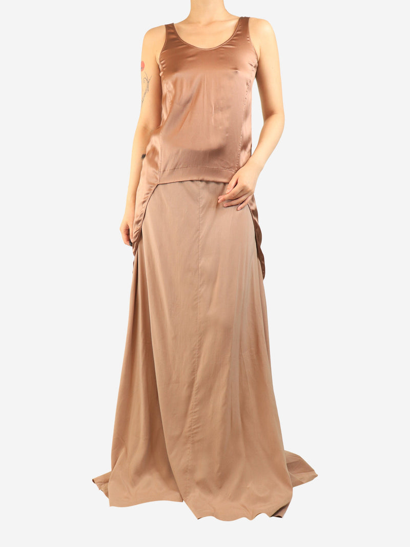 Brown silk long-back top and fringed gilet set - size S Sets Brunello Cucinelli 