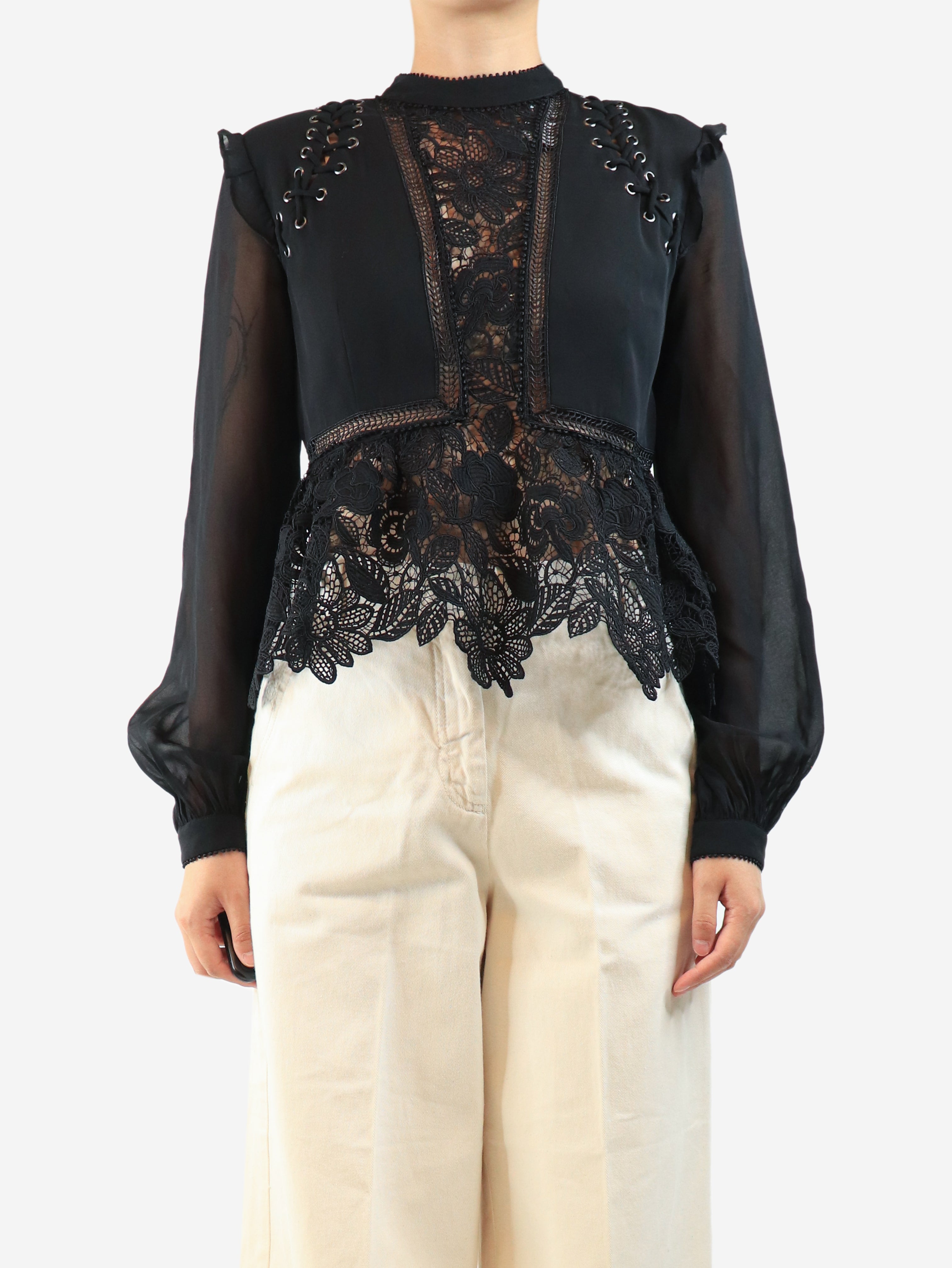 Black long sleeve broderie blouse - size UK 10