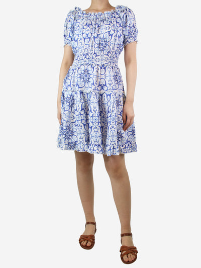 Blue off-shoulder printed linen midi dress - size UK 8 Dresses Luisa 