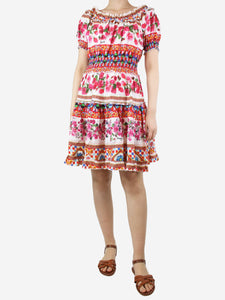 Luisa Multicoloured off-shoulder floral printed linen mini dress - size UK 8