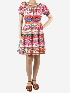 Luisa Multicoloured off-shoulder floral printed linen mini dress - size UK 8