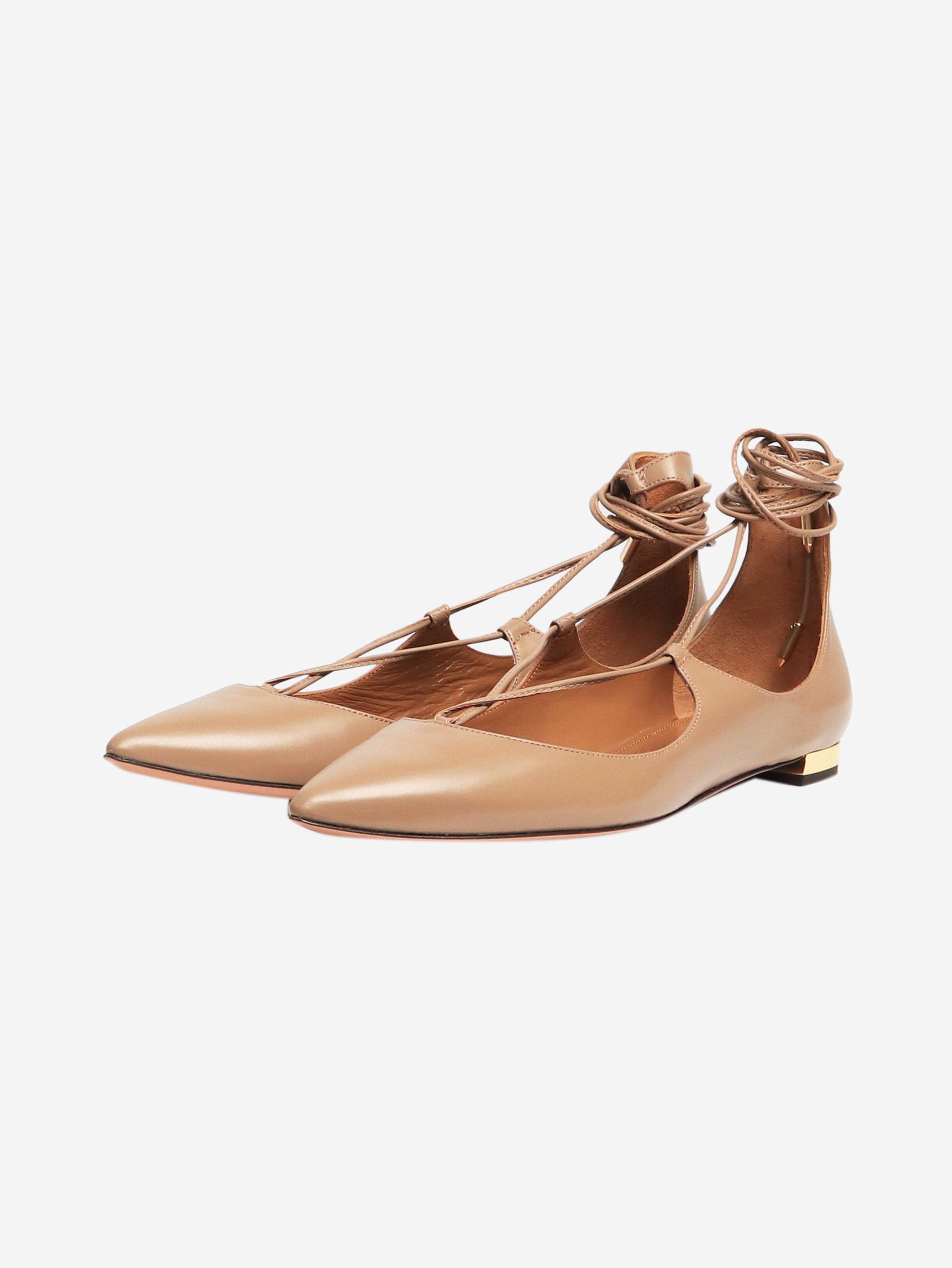 Taupe leather Christy flats - size EU 37 Flat Shoes Aquazzura 