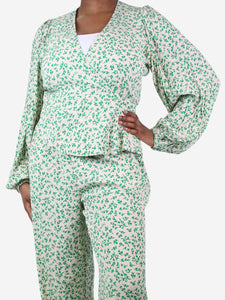 Ganni Cream leaf print crepe wrap blouse-trousers set - size UK 14