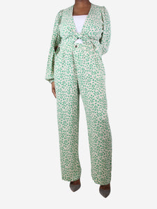 Ganni Cream leaf print crepe wrap blouse-trousers set - size UK 14