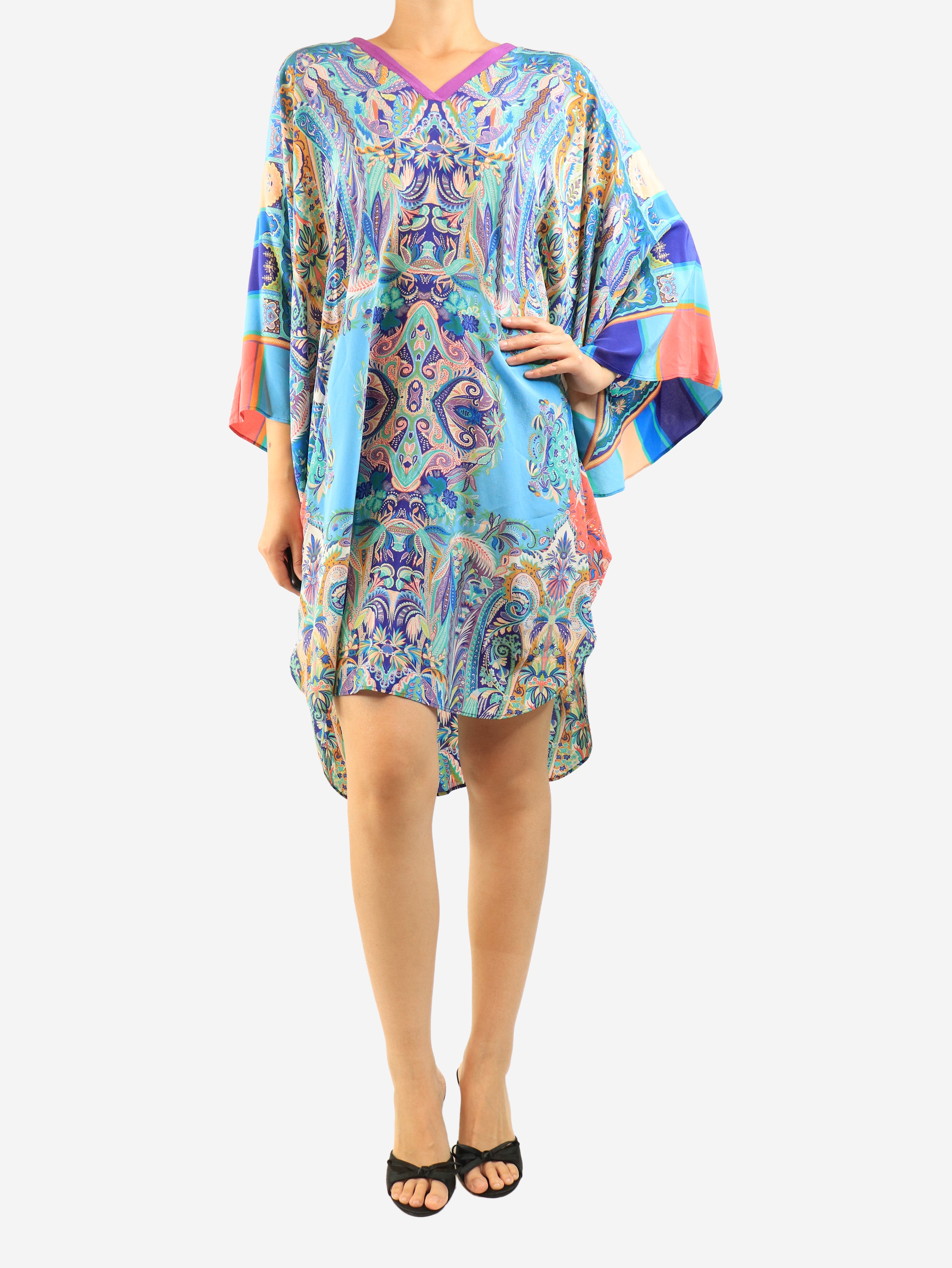 Blue silk printed kaftan dress - size M