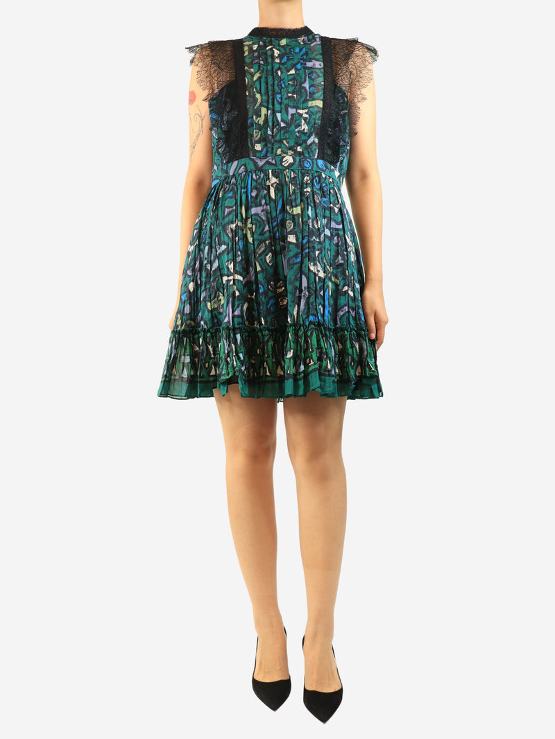 Green sleeveless lace-trim printed mini dress - size UK 12