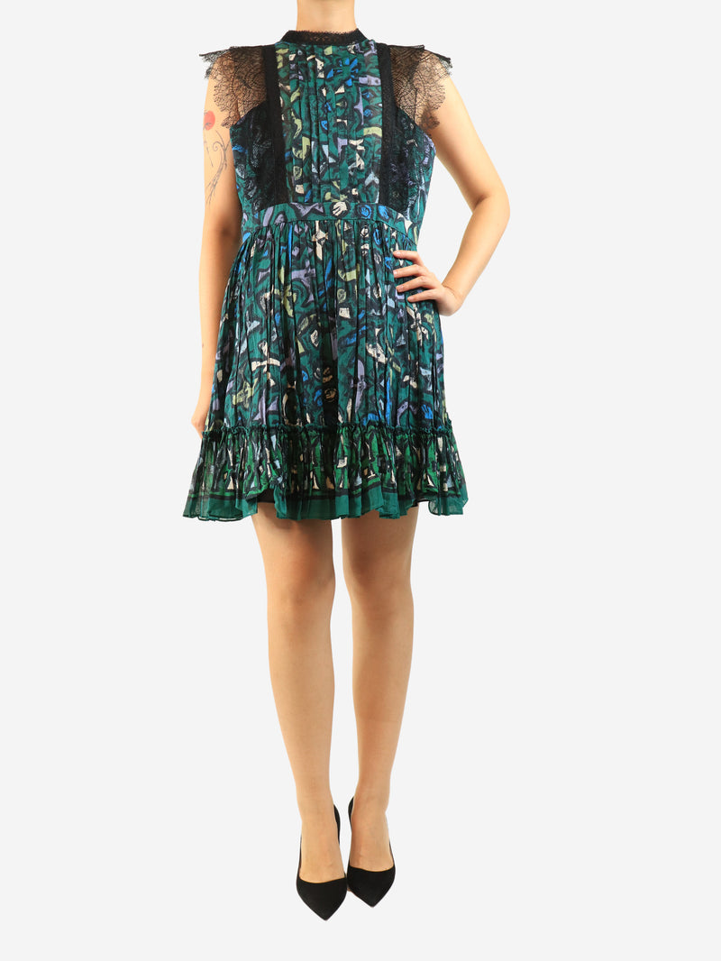 Green sleeveless lace-trim printed mini dress - size UK 12
