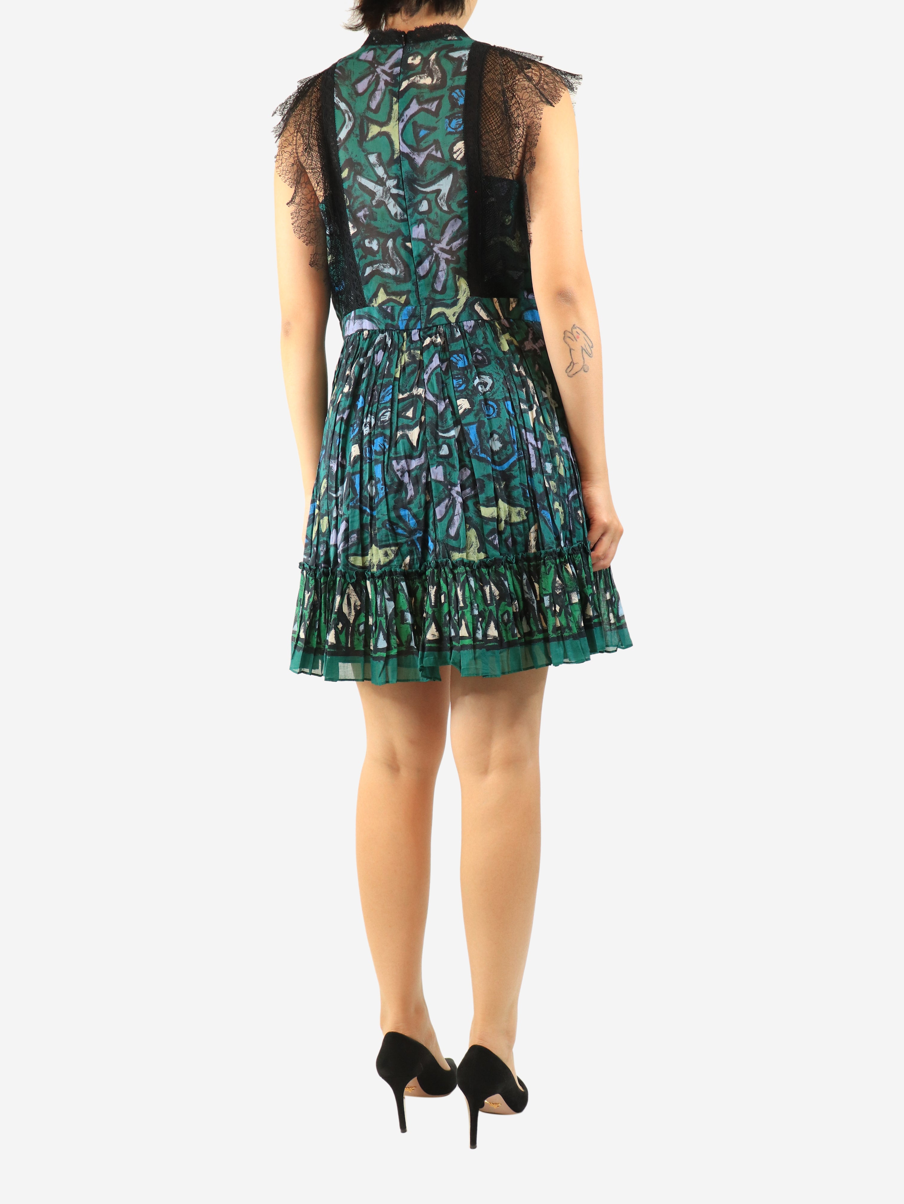 Green sleeveless lace-trim printed mini dress - size UK 12