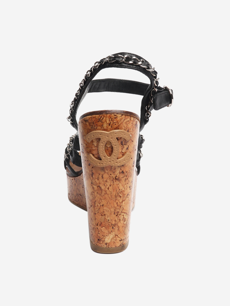Black chain-strap cork-wedge sandals - size EU 38.5 Heels Chanel 