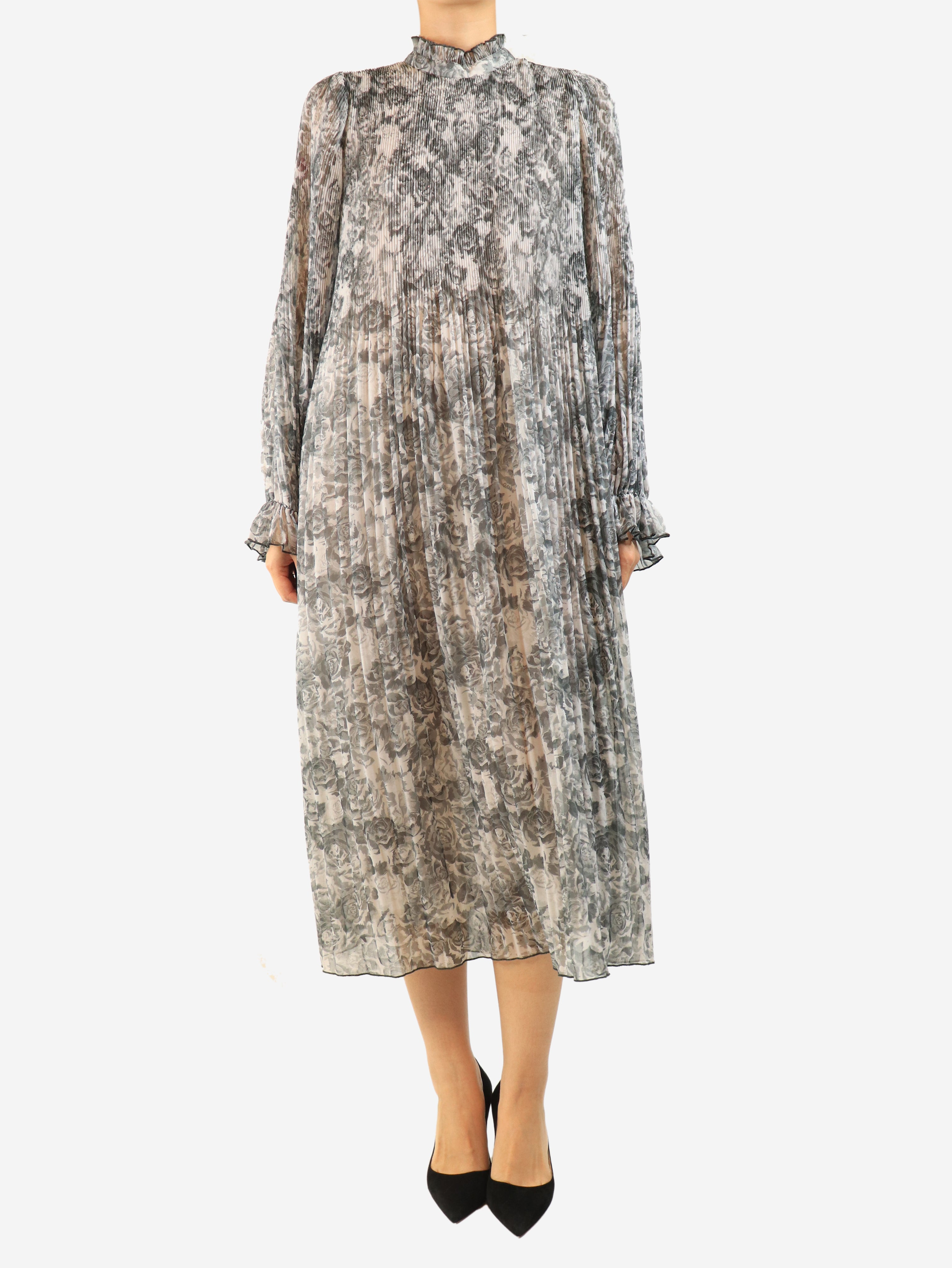 Grey printed plisse dress - size UK 12