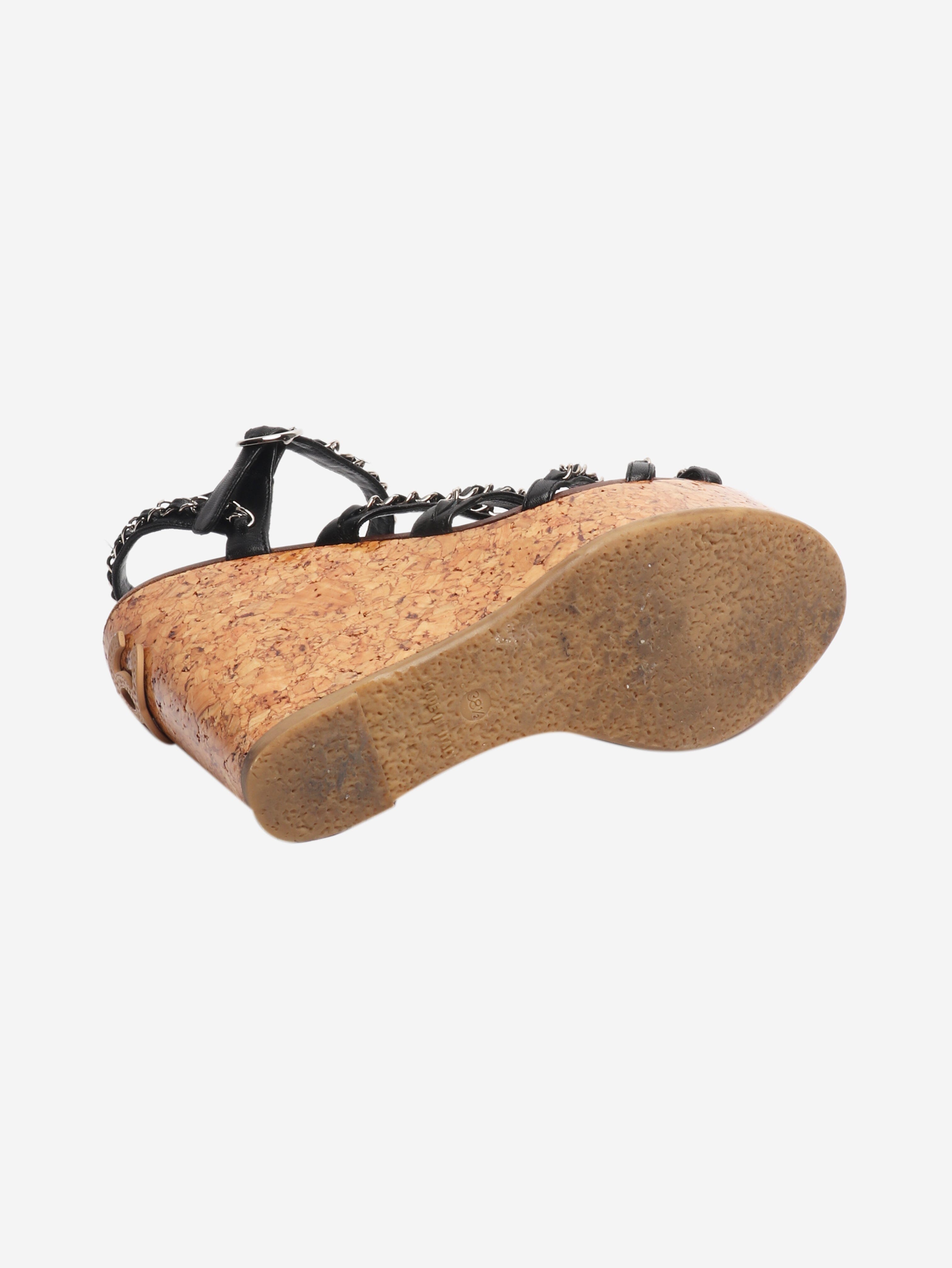 Black chain-strap cork-wedge sandals - size EU 38.5 Heels Chanel 