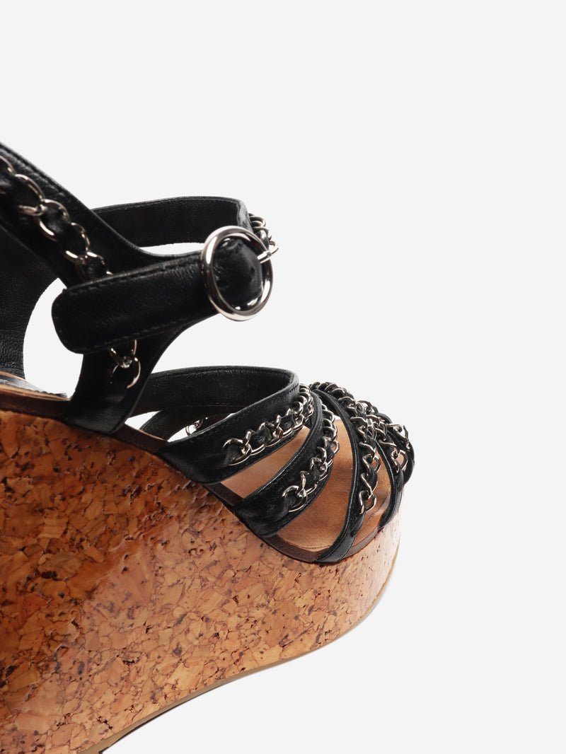 Black chain-strap cork-wedge sandals - size EU 38.5 Heels Chanel 