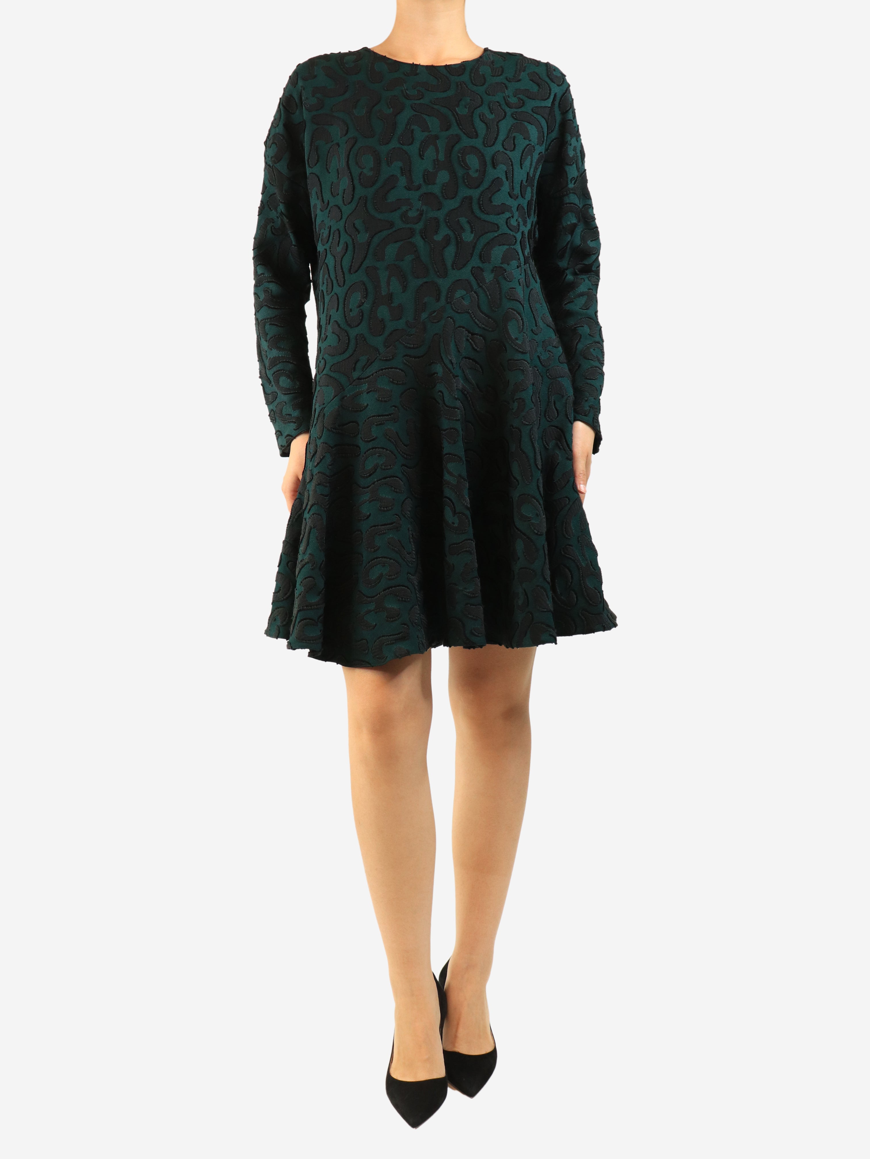 Green leopard print long sleeve dress - size UK 8