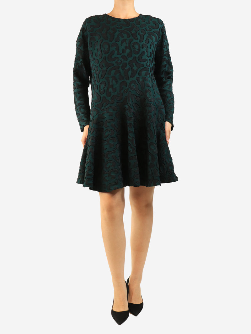 Green leopard print long sleeve dress - size UK 8