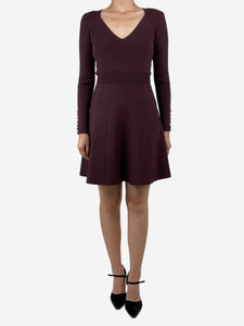 Sandro Burgundy padded-shoulders long-sleeved A-line dress - size UK 10