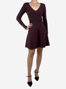 Sandro Burgundy padded-shoulders long-sleeved A-line dress - size UK 10