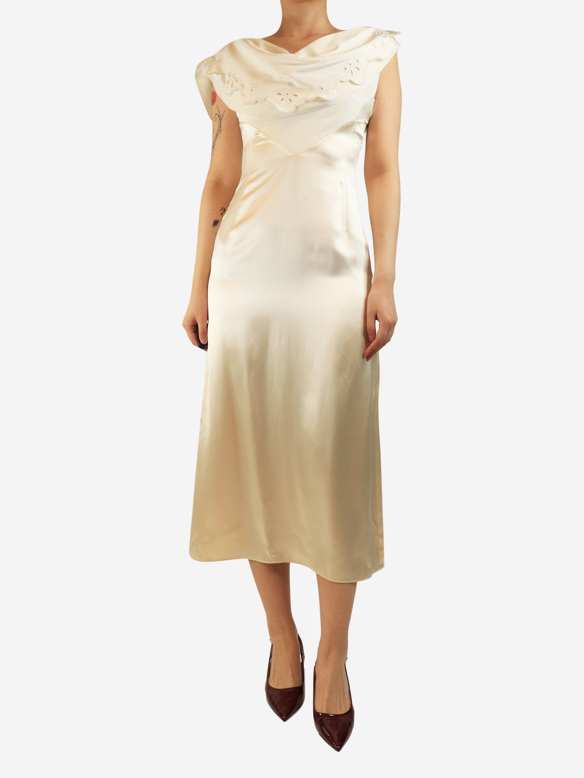 Cream satin broderie midi dress - size UK 8