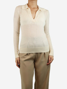 Max Mara Cream sheer ribbed polo top - size M