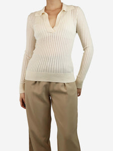 Max Mara Cream sheer ribbed polo top - size M