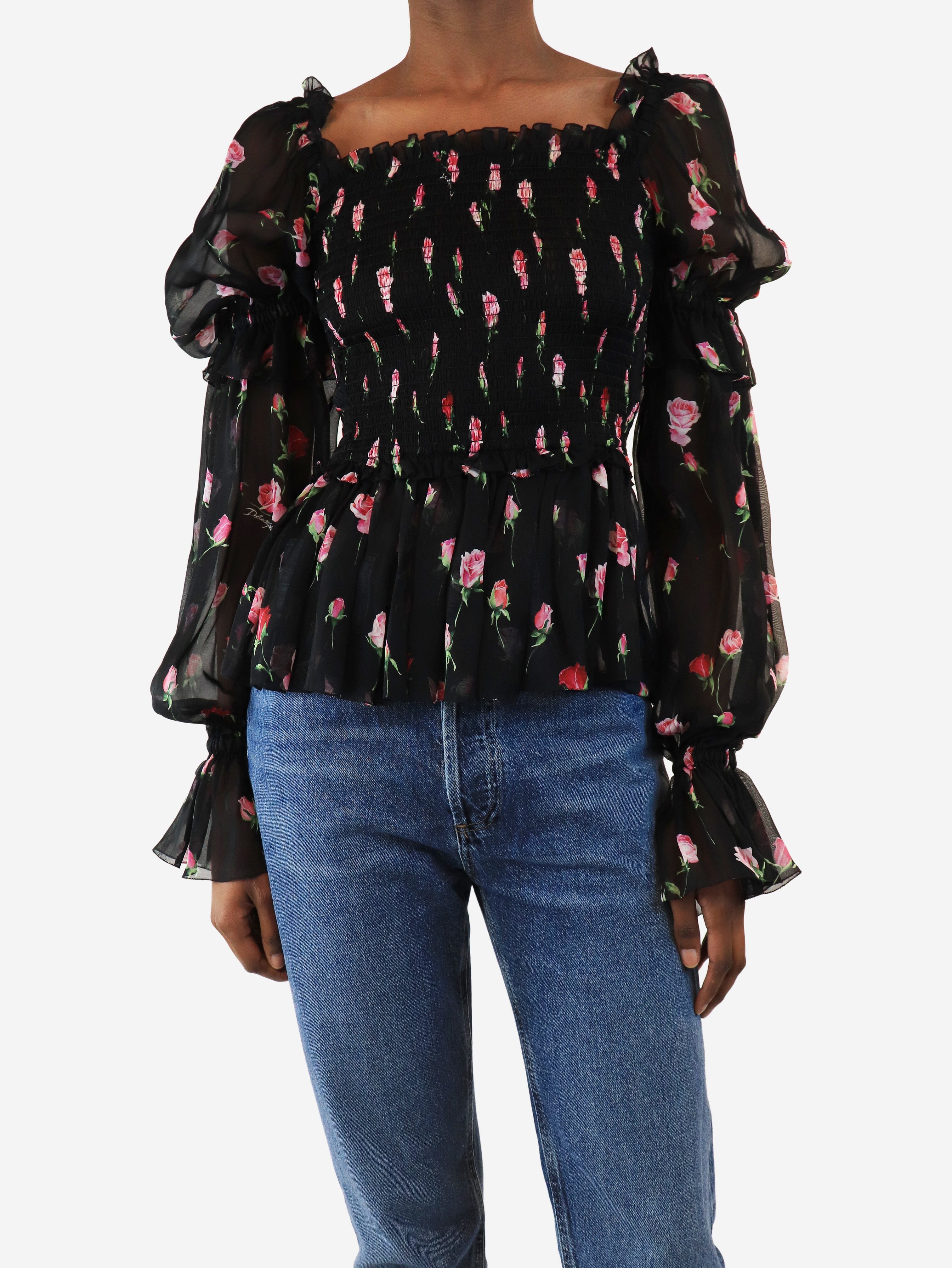 Black and pink shirred floral top - size UK 4 Tops Dolce & Gabbana 
