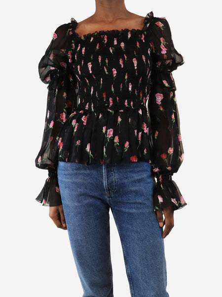 Black and pink shirred floral top - size UK 4 product image