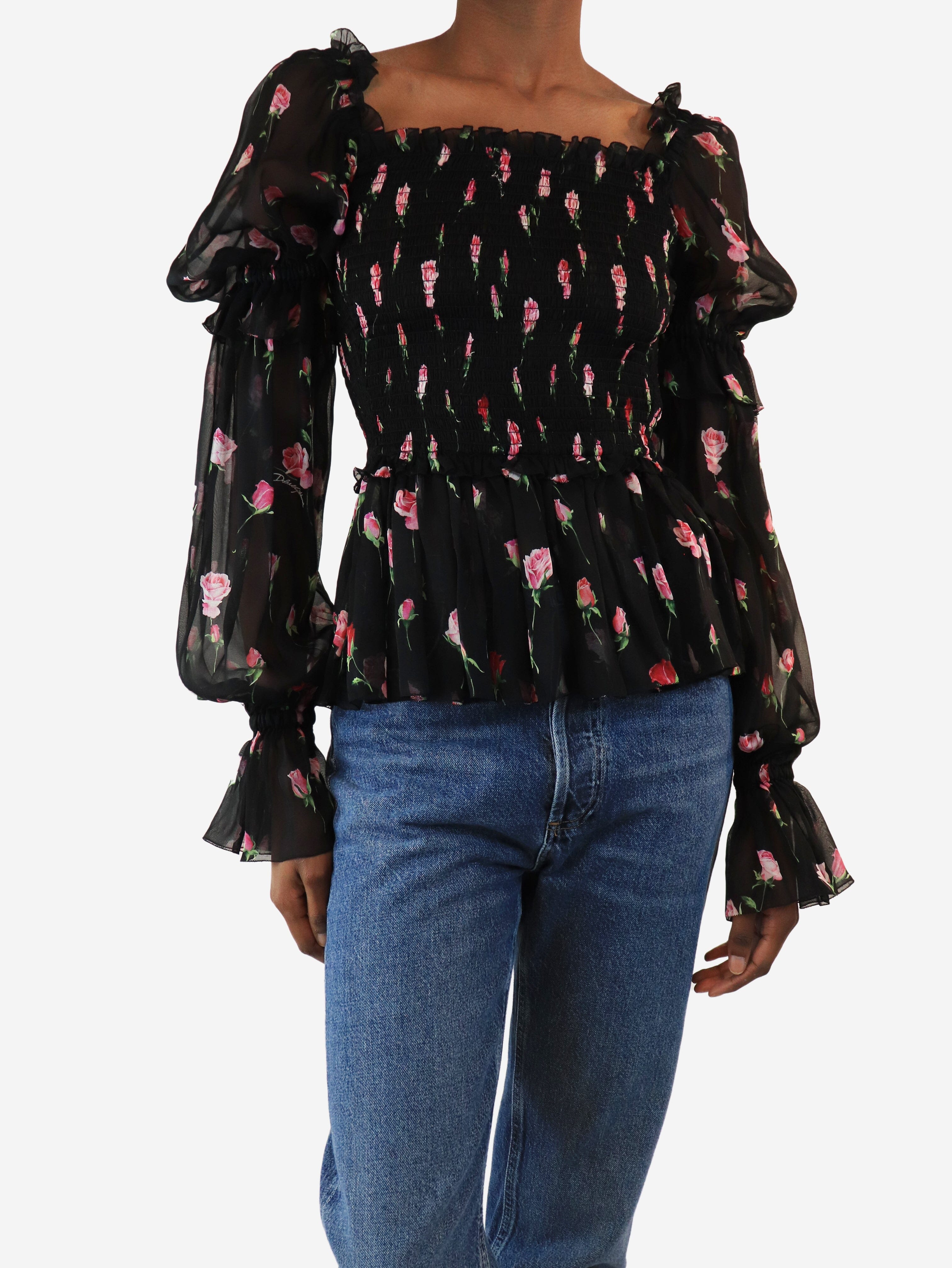 Black and pink shirred floral top - size UK 4 Tops Dolce & Gabbana 