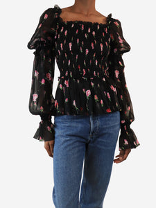 Dolce & Gabbana Black and pink shirred floral top - size UK 4