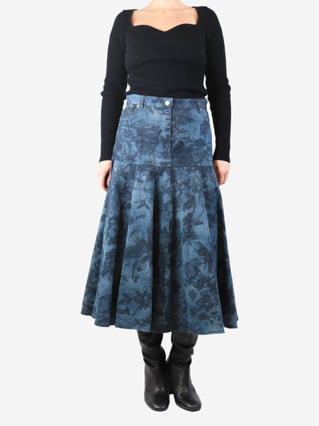 Blue floral denim midi skirt - size UK 14 alternate image