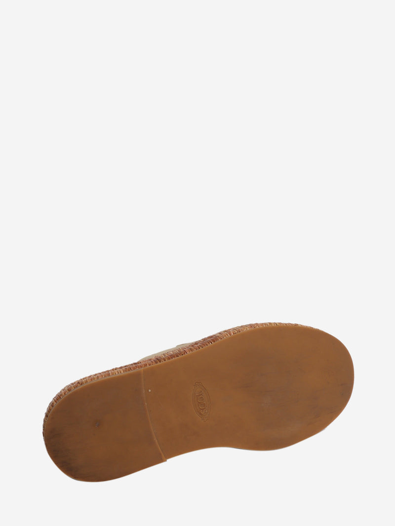 Beige Kate leather and raffia platform mules - size EU 39 Flat Sandals Tod's 