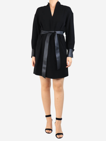 Black printed V-neck belted dress - size S product image