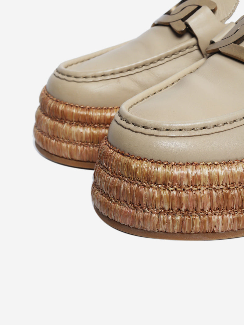 Beige Kate leather and raffia platform mules - size EU 39 Flat Sandals Tod's 