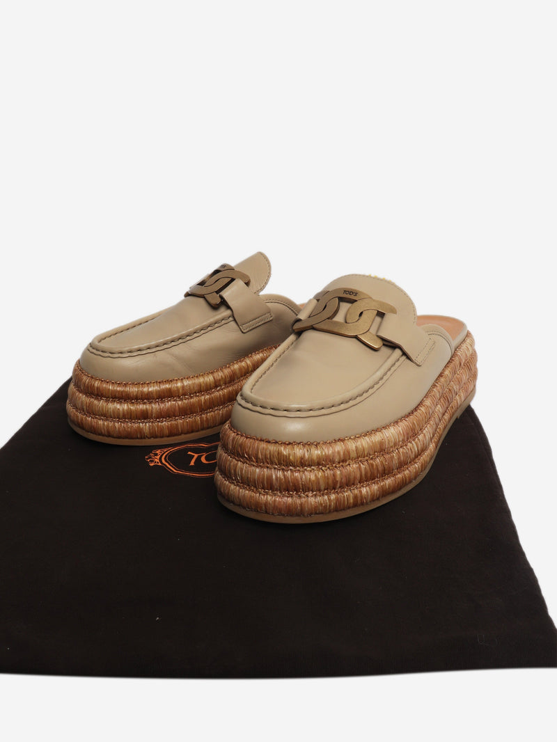 Beige Kate leather and raffia platform mules - size EU 39 Flat Sandals Tod's 
