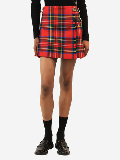 Red tartan wool mini skirt - size UK 6
