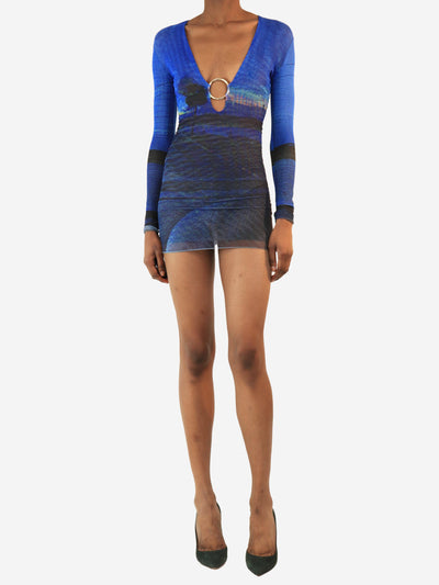 Blue sheer all-over printed mesh mini dress - size XS