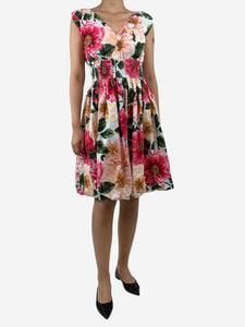 Dolce & Gabbana Pink floral-printed shirred waist dress - size UK 12