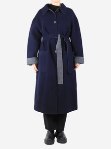 Bonpoint Dark blue and grey belted long cashmere coat - size UK 14