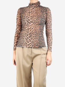 Ganni Brown leopard mesh top - size UK 10