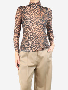 Ganni Brown leopard mesh top - size UK 10