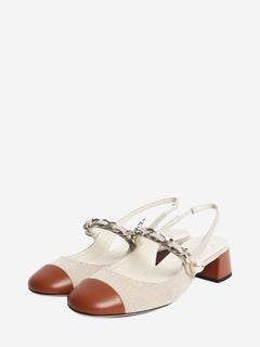 Neutral and brown canvas chain and pearl slingback pumps - size EU 37.5