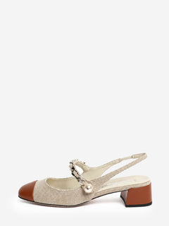 Neutral and brown canvas chain and pearl slingback pumps - size EU 37.5