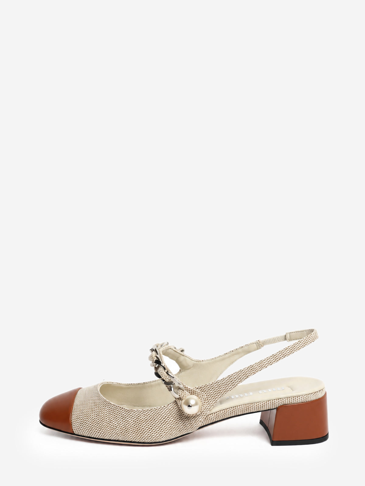 Neutral and brown canvas chain and pearl slingback pumps - size EU 37.5