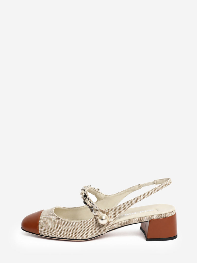 Neutral and brown canvas chain and pearl slingback pumps - size EU 37.5