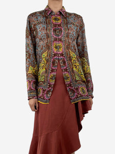 Etro Brown printed sheer silk shirt - size UK 14