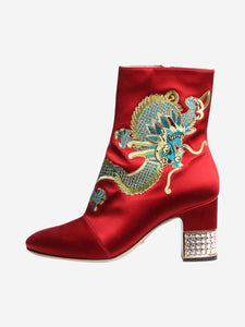 Gucci Red dragon patterned bejewelled satin boots - size EU 36