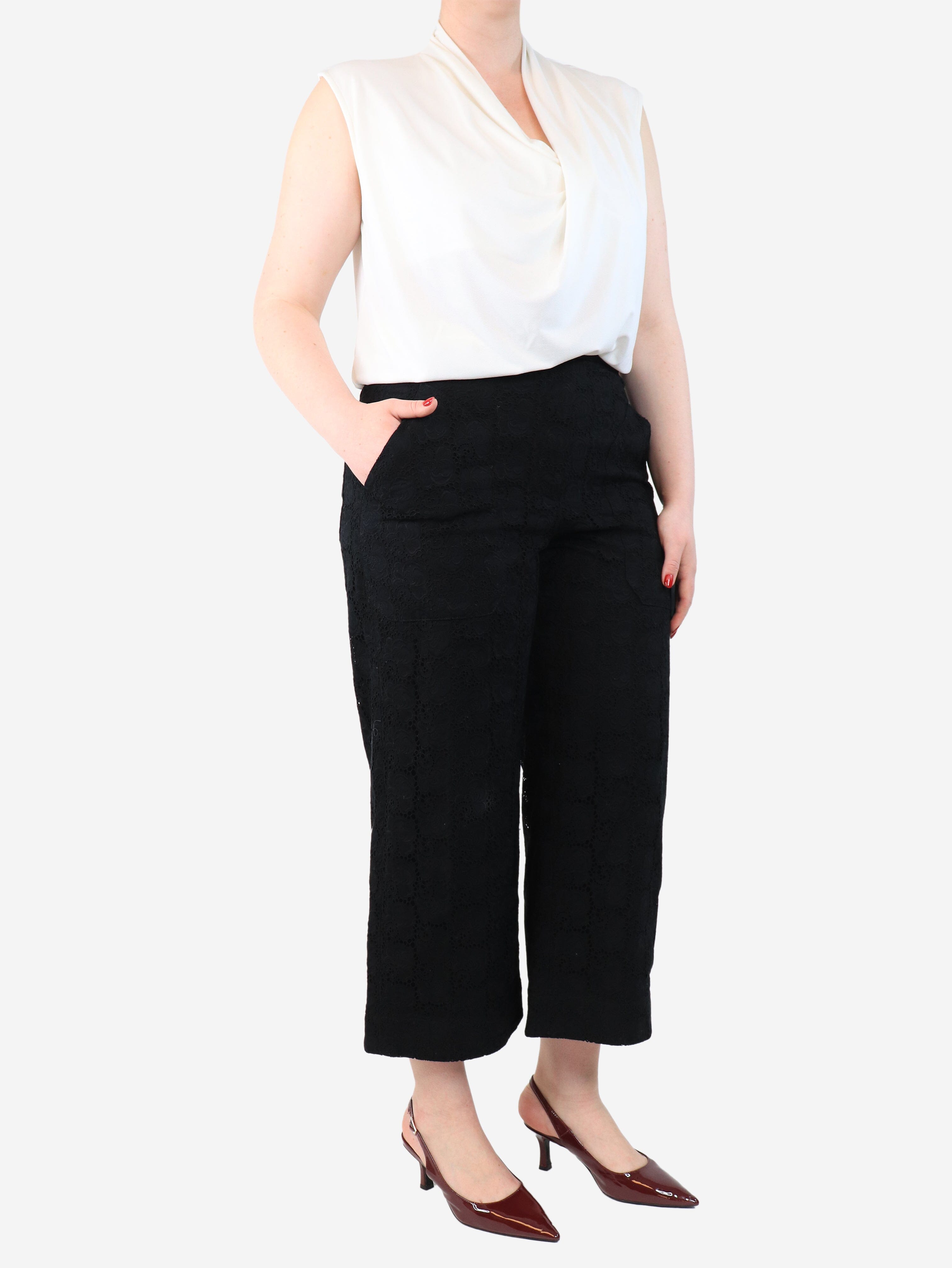 Black broderie-anglaise trousers - size UK 14 Trousers Oscar De La Renta 