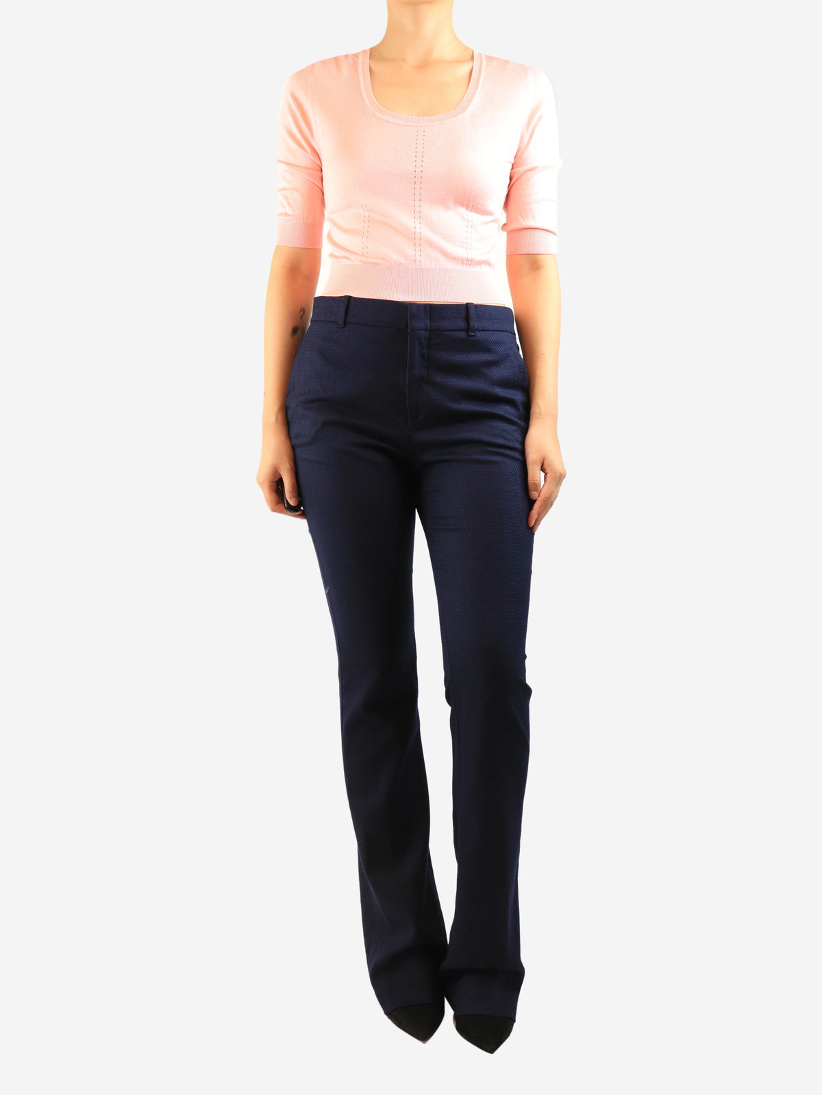 Navy wool textured trousers - size UK 12