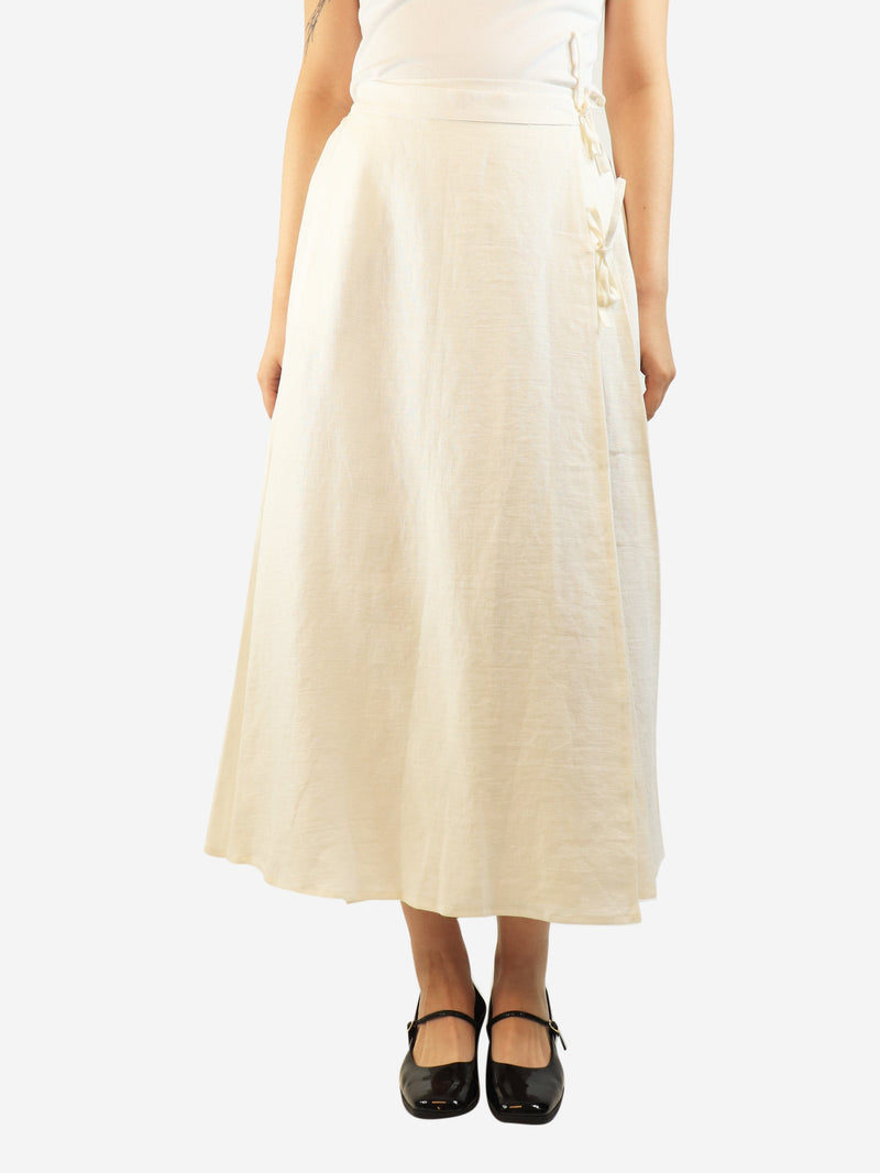 White pleated wrap-front linen skirt - size UK 8 Skirts Cabbages and Roses 
