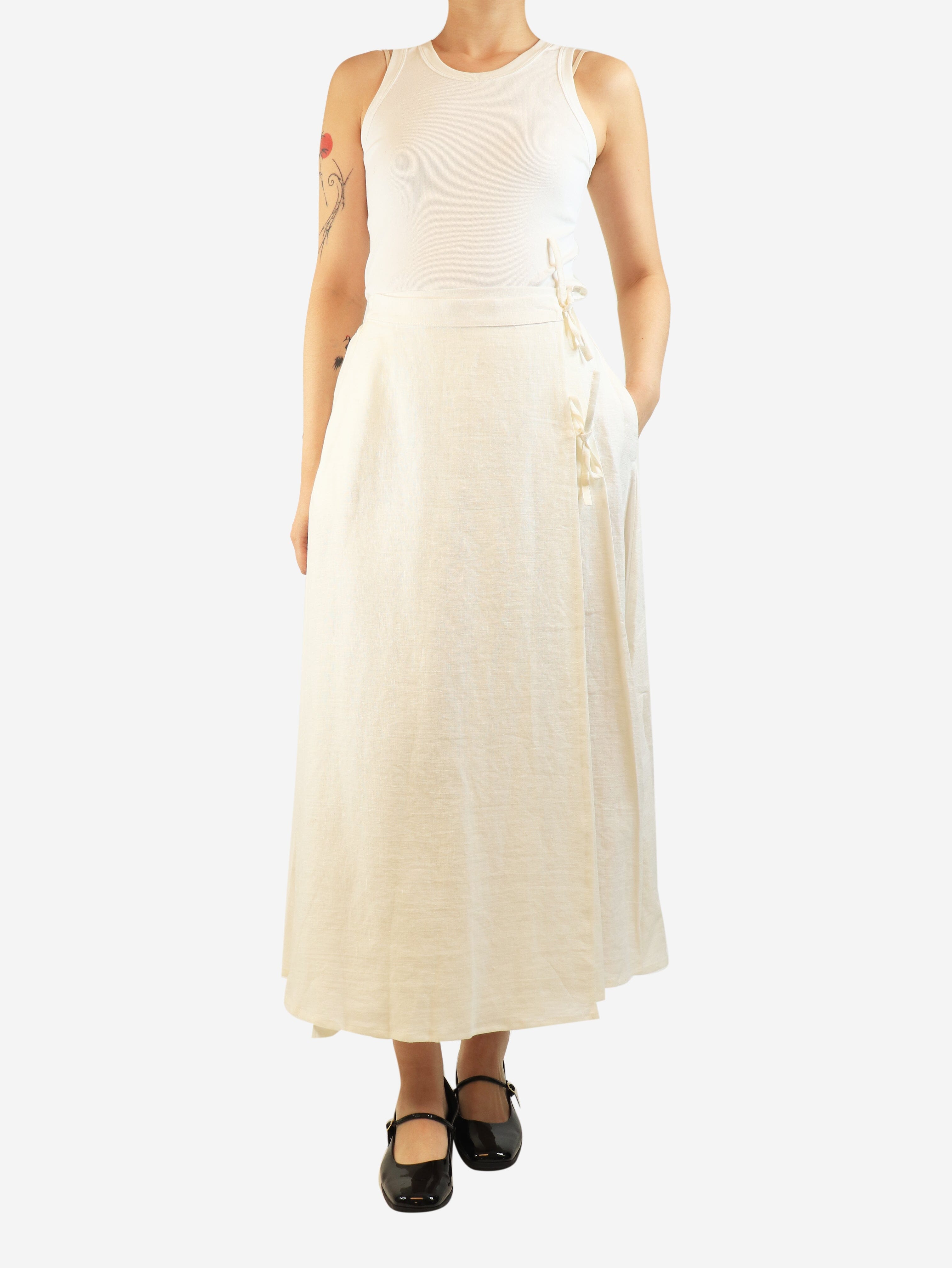 White pleated wrap-front linen skirt - size UK 8 Skirts Cabbages and Roses 